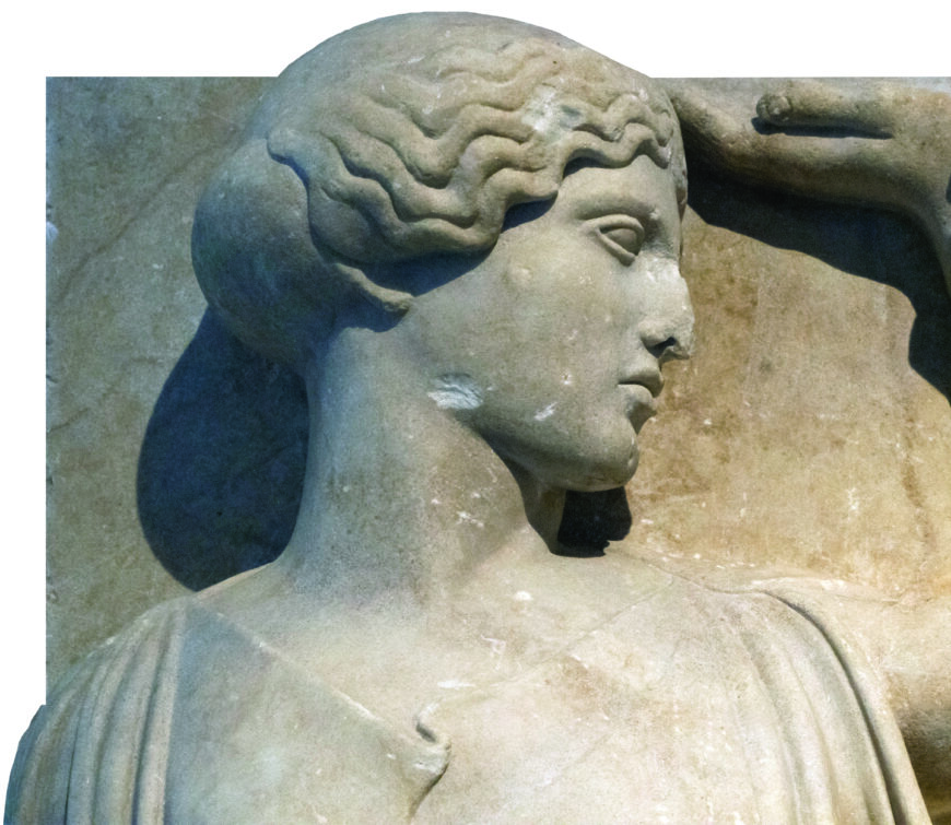 Athena’s face (detail), east metope 4 from the Temple of Zeus at Olympia, 470–457 B.C.E., marble (Archaeological Museum of Olympia; photo: Egisto Sani, CC BY-NC-SA 2.0)