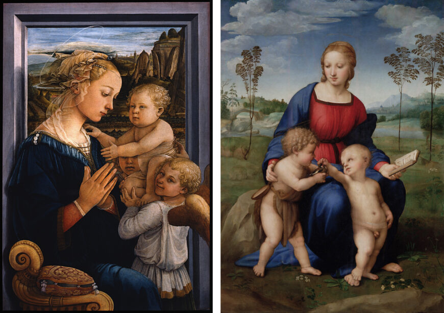 Left: Fra Filippo Lippi, Madonna and Child with two Angels, c. 1460–65, tempera on panel, 95 x 63.5 cm (Uffizi Gallery, Florence); right: Raphael, Madonna of the Goldfinch, 1505–06, oil on panel, 107 x 77 cm (Uffizi Gallery, Florence)