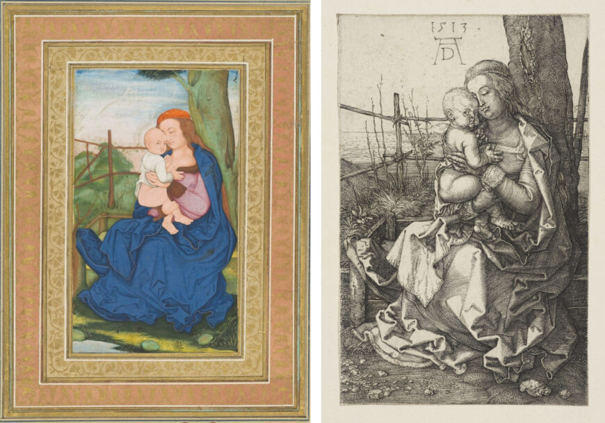 Left: Unidentified artist, The Madonna and Child, after Durer, early 17th century, watercolor on paper, 12.0 x 7.1 cm (The Royal Collection Trust, London); right: Albrecht Dürer, Madonna by the Tree, c. 1513, engraving, 11.7 x 7.4 cm (The Royal Collection Trust, London)
