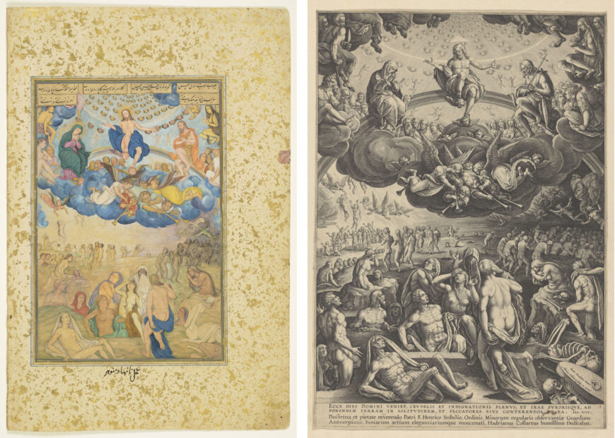 Left: Nanha and Manohar, The Day of Judgement, c. 1605–10, watercolor and gold paint on paper, 22.4 x 14.8 cm (The Royal Collection Trust, London); right: Adriaen Collaert after Jan van der Straet, The Last Judgement, c. 1580, engraving, 41.9 x 29.6 cm (Royal Library of Belgium, Brussels)