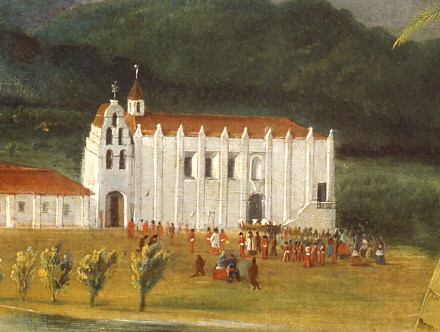 The church at the mission (detail), Ferdinand Deppe, The Mission of San Gabriel, Alta California in May 1832, oil on canvas, 42 3/4 x 33 1/2 inches (collection of Santa Bárbara Mission Archive-Library)