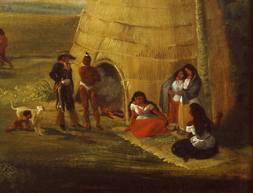Figures in front of kiiy (detail), Ferdinand Deppe, The Mission of San Gabriel, Alta California in May 1832, oil on canvas, 42 3/4 x 33 1/2 inches (collection of Santa Bárbara Mission Archive-Library)