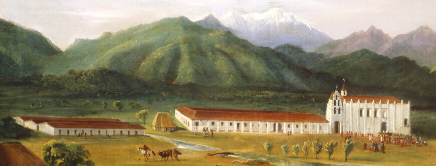 Mission (detail), Ferdinand Deppe, The Mission of San Gabriel, Alta California in May 1832, oil on canvas, 42 3/4 x 33 1/2 inches (collection of Santa Bárbara Mission Archive-Library)