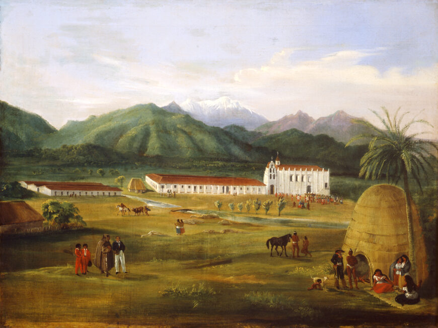 Ferdinand Deppe, The Mission of San Gabriel, Alta California in May 1832, oil on canvas, 42 3/4 x 33 1/2 inches (collection of Santa Bárbara Mission Archive-Library)