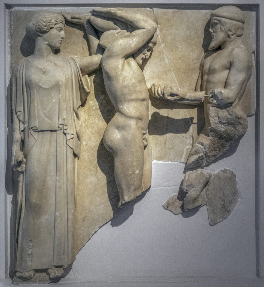 East metope 4 from the Temple of Zeus at Olympia, 470–457 B.C.E., marble, 1.6 x 1.6 m (Archaeological Museum of Olympia; photo: Egisto Sani, CC BY-NC-SA 2.0)