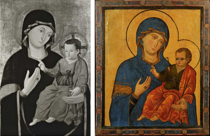 Left: Antoniazzo Romano, Madonna and Child, late 15th century, tempera on wood, 109 x 77.5 cm (Parrish Art Museum, Water Mill, NY); right: Icon of Madonna del Popolo, c. 13th century, tempera on panel (Santa Maria del Popolo, Rome)