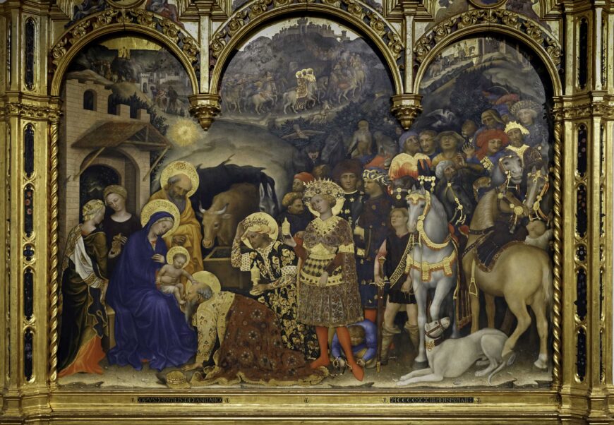 This dazzling altarpiece reflected the magnificence of its patron, Palla Strozzi, the wealthiest man in Florence at the time of its creation. Gentile da Fabriano, Adoration of the Magi, 1423, tempera on panel, 283 x 300 cm (Galeria degli Uffizi, Florence; photo: Steven Zucker, CC BY-NC-SA 4.0)