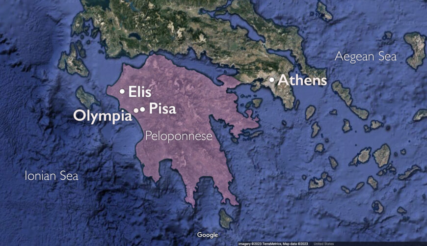 Map of the Peloponnese region of ancient Greece with Elis, Pisa, and Olympia (underlying map © Google)