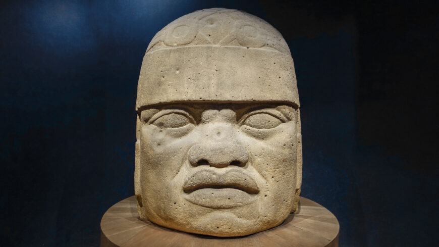 San Lorenzo Colossal Head 6, before 900 B.C.E. (Olmec), basalt, 1.67 x 1.41 x 1.26 m (Museo Nacional de Antropología, Mexico City)
