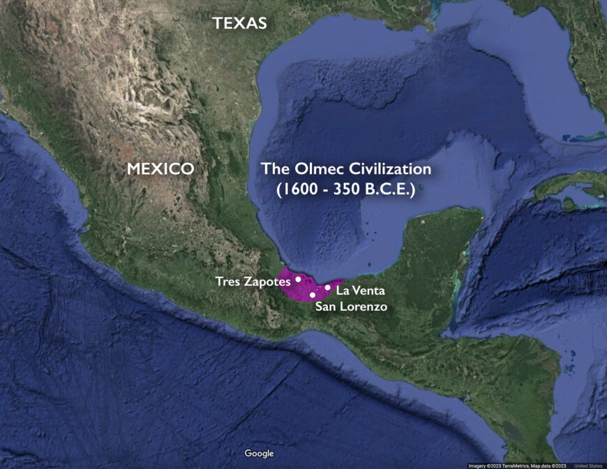 Archaeological sites where Olmec colossal heads have been recovered (underlying map © Google)