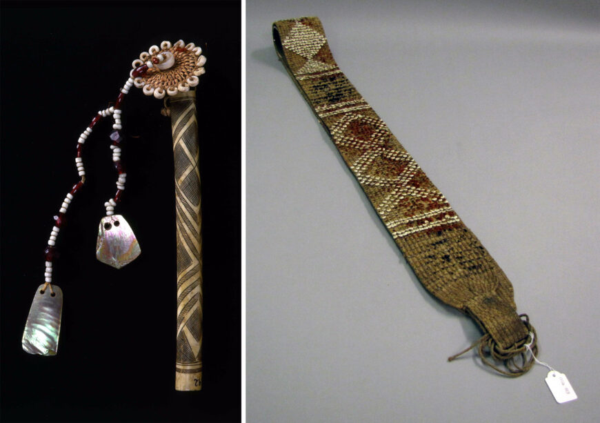 Left: Ear ornament, bone, feather, glass beads, cord, abalone shell, 15 cm long, collected by Ferdinand Deppe before 1837 (Ethnologisches Museum Berlin); right: Woven feather belt, 187 cm long, collected by Ferdinand Deppe before 1837 (California) (Ethnologisches Museum Berlin)