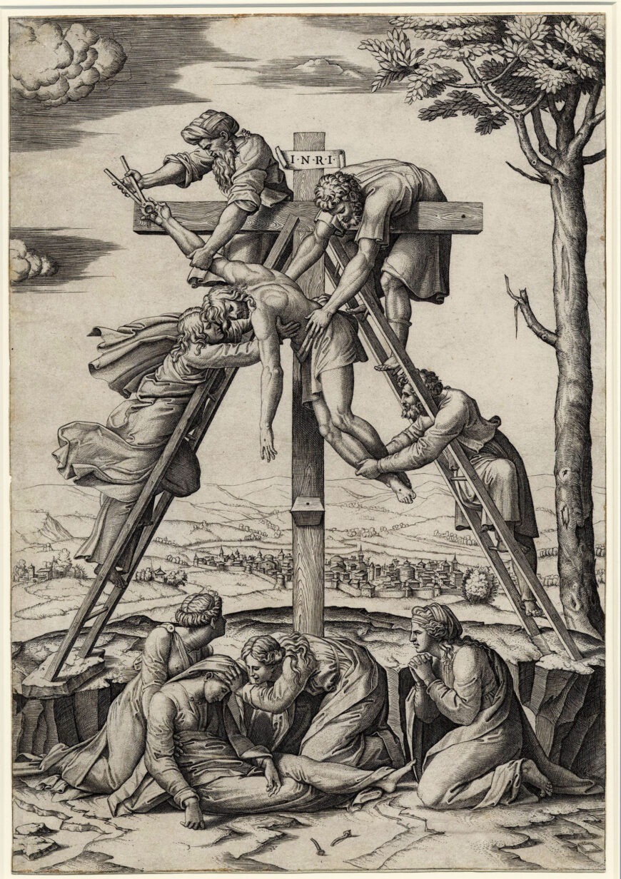 Marcantonio Raimondi after Raphael, Descent from the Cross, 1520–21, engraving, 41 x 29 cm (© Trustees of the British Museum, London)