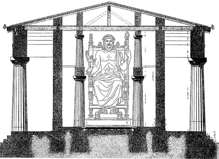 Reconstruction drawing of the statue of the Zeus within the Temple of Zeus at Olympia by Hermann Luckenbach, c. 1904