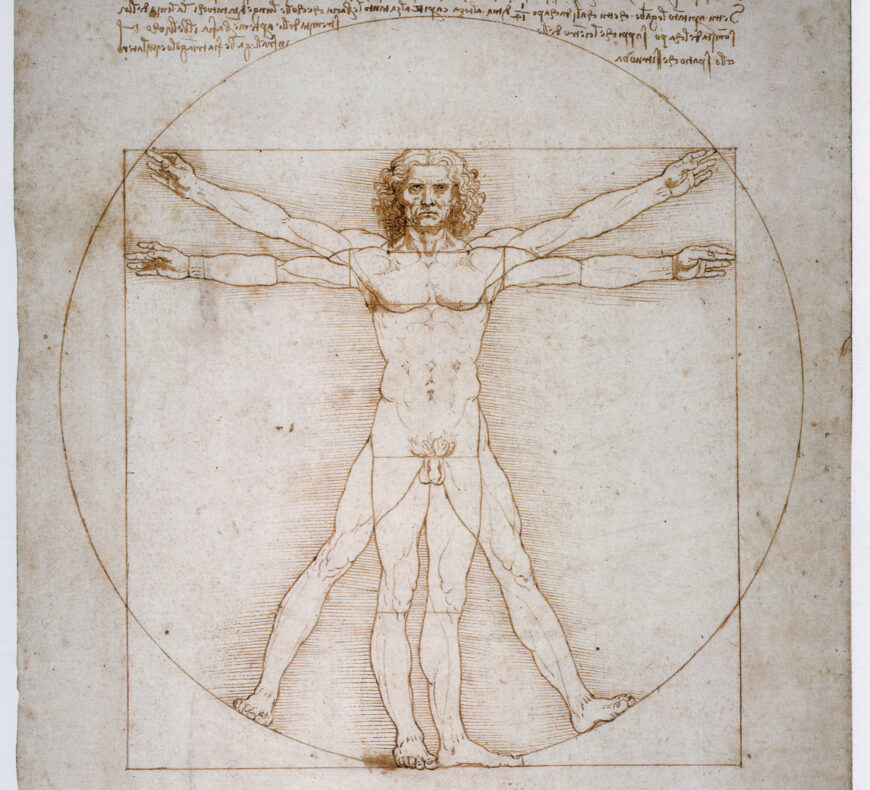 Central figure and shapes (detail), Leonardo da Vinci, “Vitruvian Man,” c. 1490, pen and watercolor over metalpoint on paper, 34.4 x 24.5 cm (Gallerie dell'Accademia, Venice)