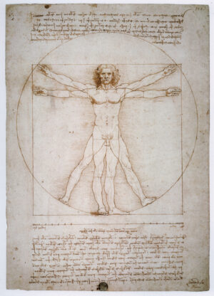 Leonardo da Vinci, “Vitruvian Man,” c. 1490, pen and watercolor over metalpoint on paper, 34.4 x 24.5 cm (Gallerie dell'Accademia, Venice)