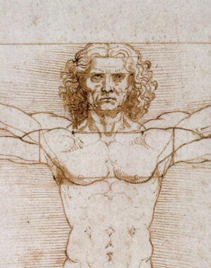 Three-dimensional modeling (detail), Leonardo da Vinci, “Vitruvian Man,” c. 1490, pen and watercolor over metalpoint on paper, 34.4 x 24.5 cm (Gallerie dell'Accademia, Venice)