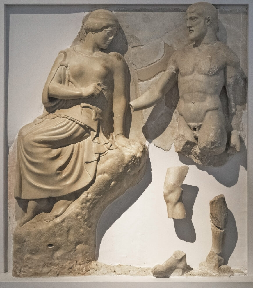 West metope 3 from the Temple of Zeus at Olympia, 470–457 B.C.E., marble, 1.6 x 1.6 m (Archaeological Museum of Olympia; photo: Egisto Sani, CC BY-NC-SA 2.0)