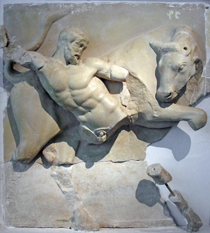 West metope 4 from the Temple of Zeus at Olympia, 470–457 B.C.E., marble, 1.6 x 1.6 m (Archaeological Museum of Olympia; photo: Joanbanjo, CC BY-SA 3.0)