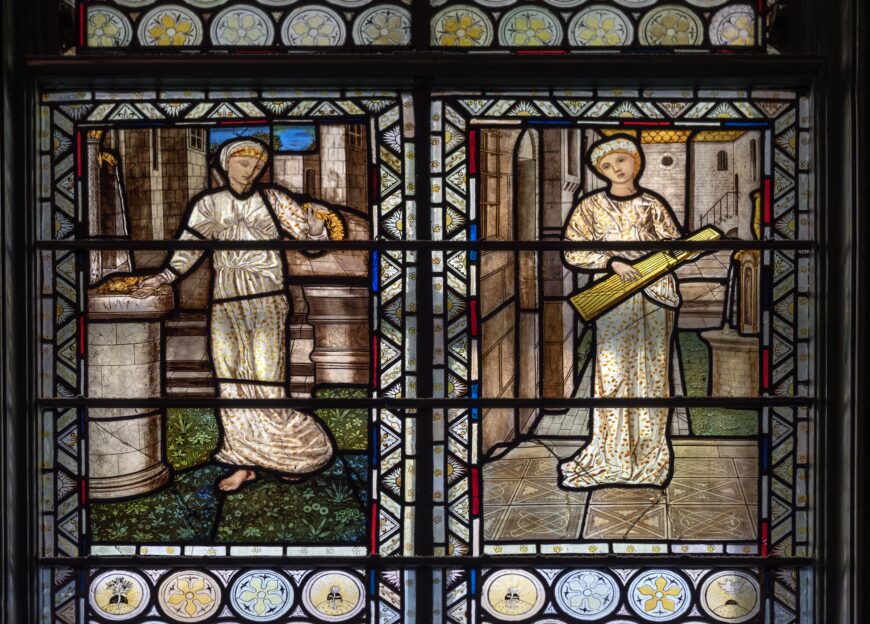 Stained glass panels, part of a series entitled The Garland Weavers, designed by Edward Burne-Jones and made by Morris, Marshall, Faulkner & Co. England for the Green Dining Room, 1866–67 (Victoria and Albert Museum, London)