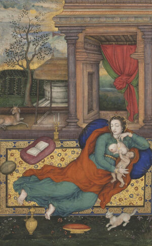 Attributed to Manohar or Basawan, Mother and Child with a White Cat, c. 1598, opaque watercolor and gold on paper, 21.7 x 13.7 cm (The Metropolitan Museum of Art, New York)