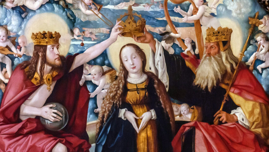 Coronation of the Virgin (detail), Hans Baldung (Grien), front central panel, Freiburg Altarpiece, 1516, oil on wood panel, 253 x 232.4 cm (Freiburg im Breisgau Münster)