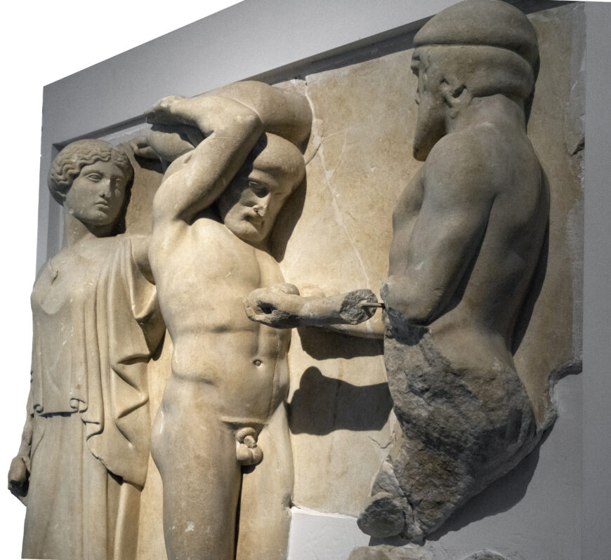Athena, Herakles and Atlas from the side (detail), east metope 4 from the Temple of Zeus at Olympia, 470–457 B.C.E., marble (Archaeological Museum of Olympia; photo: Egisto Sani, CC BY-NC-SA 2.0)