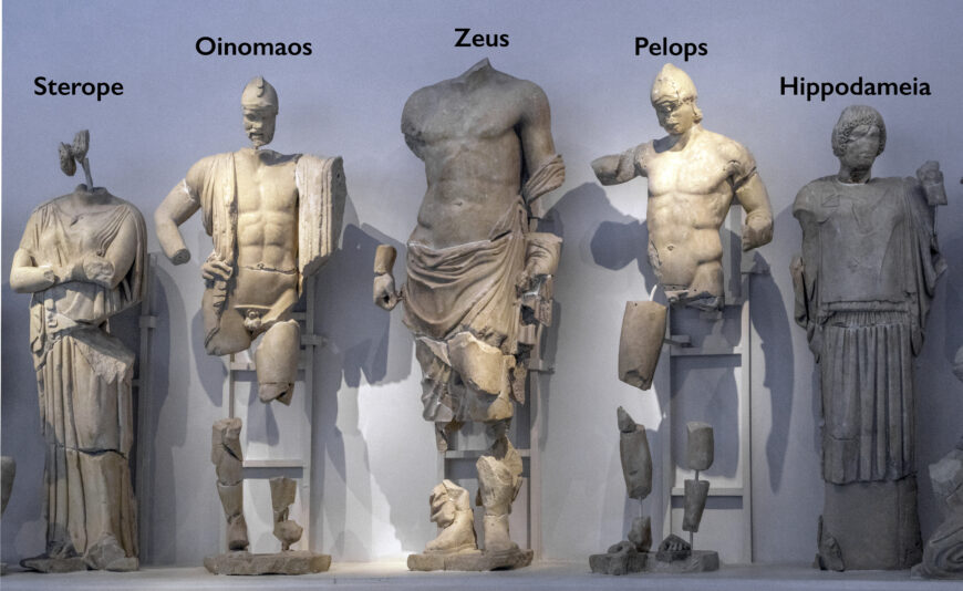 Central figures of the east pediment of the Temple of Zeus at Olympia, 470–457 B.C.E., marble (Archaeological Museum of Olympia; photo: Egisto Sani, CC-BY-NC-SA 2.0)