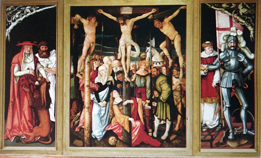 Back of altarpiece, showing the crucifixion and saints, Hans Baldung (Grien), Freiburg Altarpiece, 1516, oil on wood panel, 253 x 232.4 cm (Freiburg im Breisgau Münster)