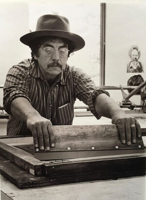 Montoya in the screen printing room at California College of Arts and Crafts, early 1980s (courtesy of the artist)