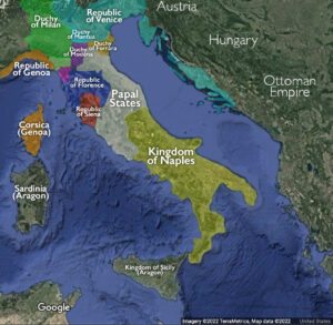 Map of Italy in 1494 (underlying map © Google)