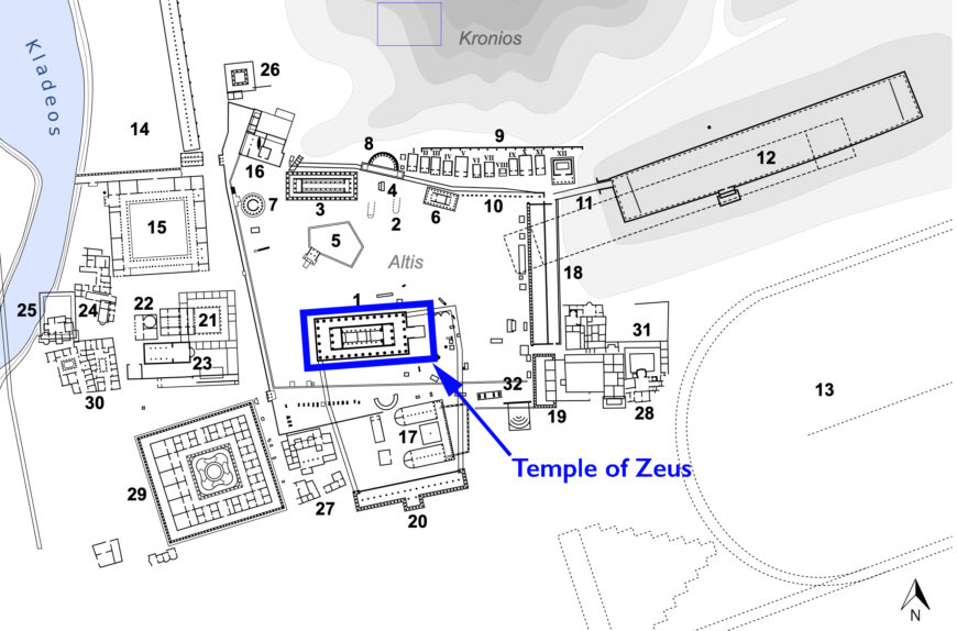 Site plan of the sanctuary of Zeus at Olympia, with the Temple of Zeus highlighted