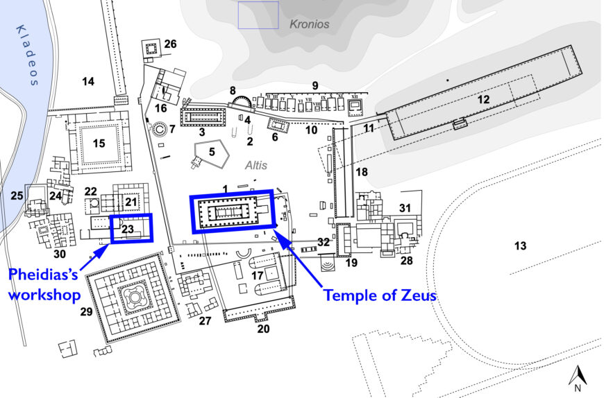 Site plan of the sanctuary of Zeus at Olympia, with Pheidias's workshop and the Temple of Zeus highlighted