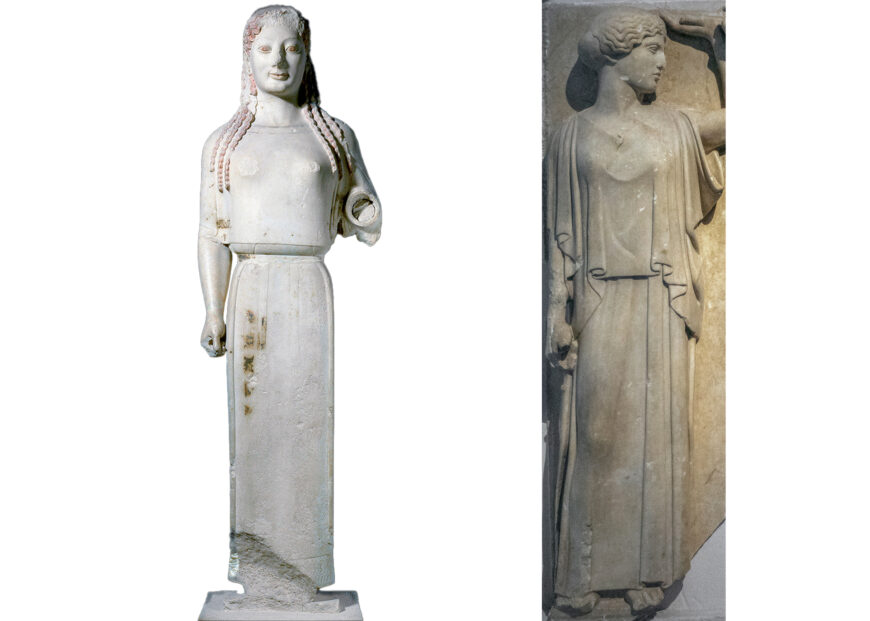 Left: Peplos Kore, c. 530 B.C.E., marble, 1.18 m high (Acropolis Museum, Athens; photo: Steven Zucker, CC BY-NC-SA 2.0); right: Athena (detail), east metope 4 from the Temple of Zeus at Olympia, 470–457 B.C.E., marble, 1.6 m high (Archaeological Museum of Olympia; photo: Egisto Sani, CC BY-NC-SA 2.0)