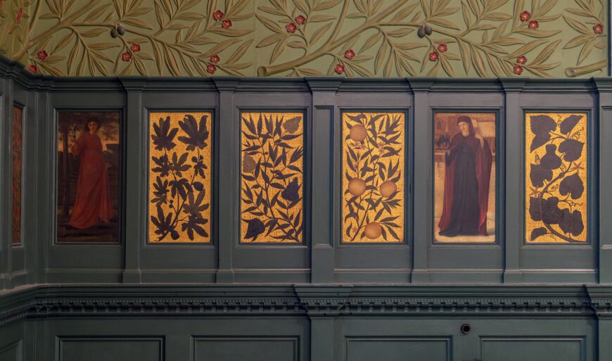 Left figure: Sagittarius; right figure: Capricorn. After Edward Burne-Jones, by Charles Fairfax Murray, Signs of the Zodiac for the Green Dining Room, c. 1866, oils, tempera on canvas/panel and mixed media (Victoria and Albert Museum, London). Note: Burne-Jones drew the original designs and Morris & Co. employed several different painters to paint the panels. Morris was unhappy and had them all, except one, repainted by Charles Fairfax Murray