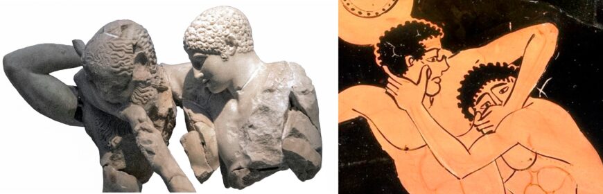 Left: Centaur and a Lapith man (detail), west pediment of the Temple of Zeus at Olympia, 470–457 B.C.E., marble (Archaeological Museum of Olympia; photo: Egisto Sani, CC-BY-NC-SA 2.0); right: Men wrestling on the exterior of an Attic red-figure cup (detail), attributed to the Foundry Painter, Archaic, c. 490–480 B.C.E., ceramic (© The Trustees of the British Museum, London)