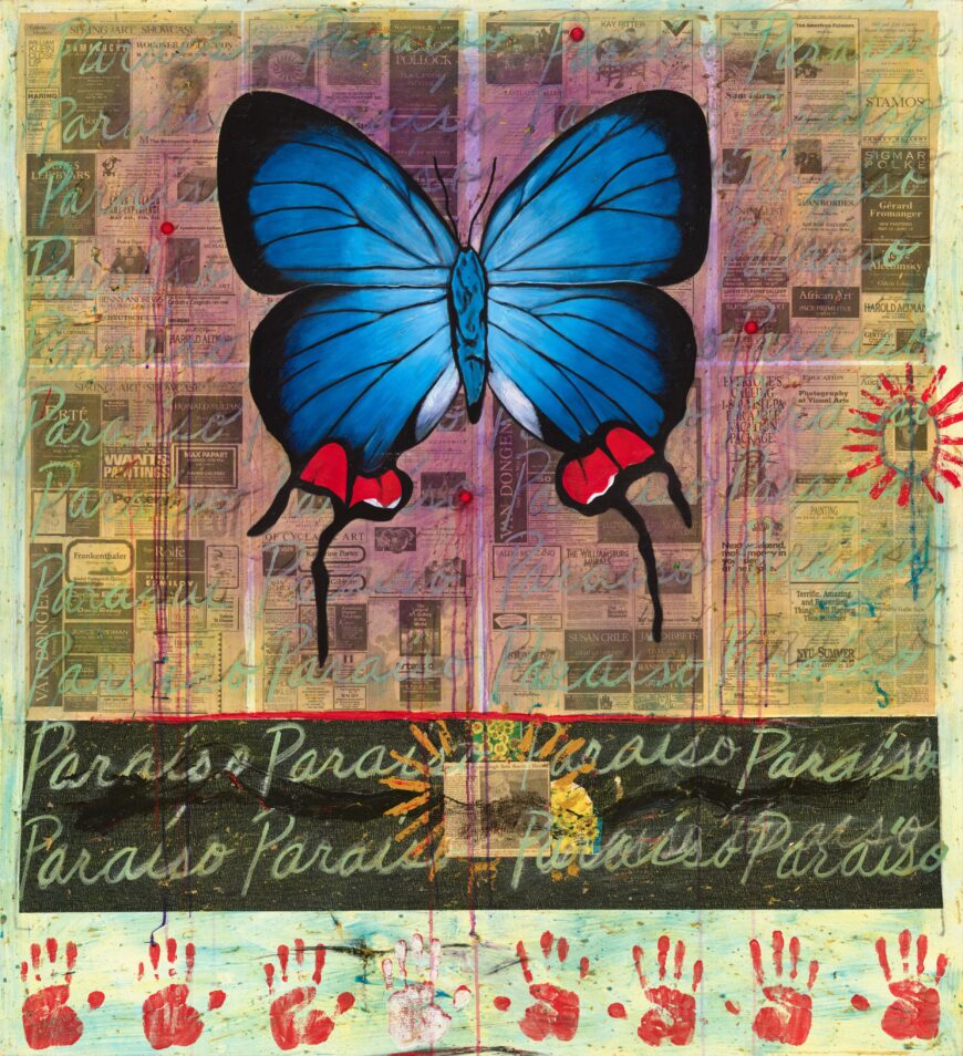 Freddy Rodríguez, Paradise for a Tourist Brochure, 1990, acrylic, sawdust, and newspaper collage on canvas, 167.6 x 152.4 cm (National Gallery of Art, Washington, D.C.) © Freddy Rodríguez