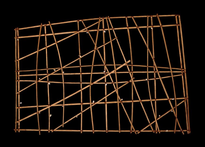 Navigation chart (rebbelib), probably 19th century C.E. (Marshall Islands, Micronesia), wood, shell, and fiber, 67.5 x 99 x 3 cm (© The Trustees of the British Museum, London)