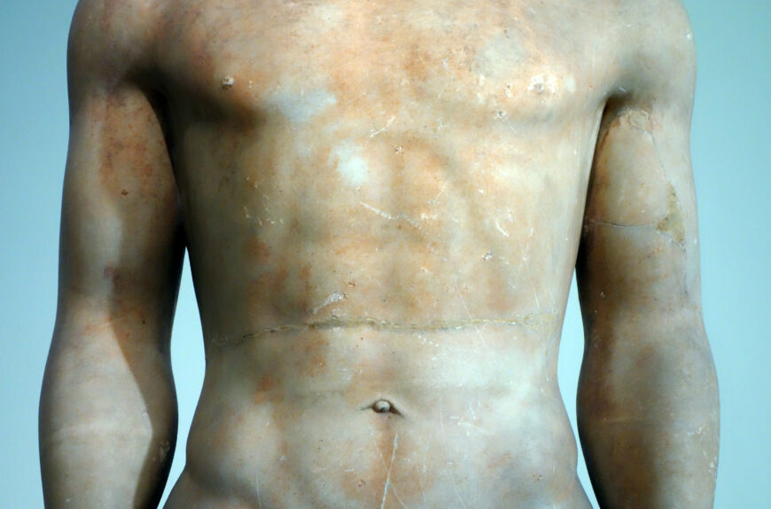 Torso of the kouros, with the modern break still visible above the navel (detail), Anavysos Kouros, c. 530 B.C.E., marble, 6 feet 4 inches high (National Archaeological Museum, Athens; photo: Steven Zucker, CC BY-NC-SA 2.0)