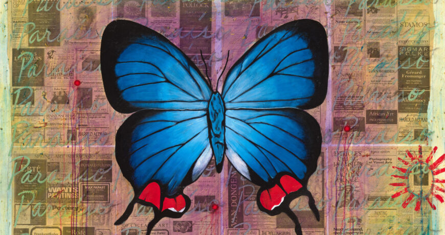 Butterfly (detail), Freddy Rodríguez, Paradise for a Tourist Brochure, 1990, acrylic, sawdust, and newspaper collage on canvas, 167.6 x 152.4 cm (National Gallery of Art, Washington, D.C.) © Freddy Rodríguez