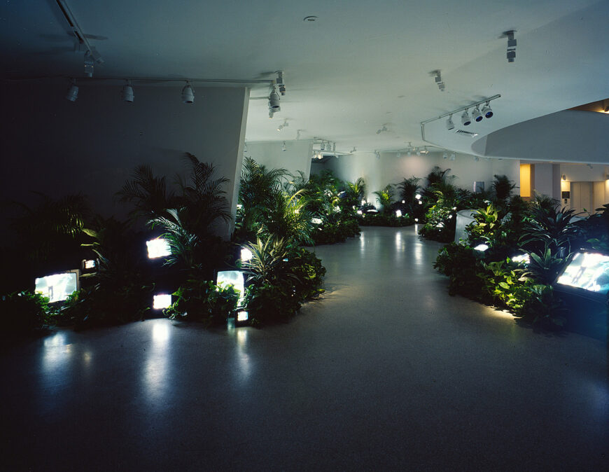 Nam June Paik, TV Garden, 1974 (image shows 2000 version), video installation with color television sets and live plants (Solomon R. Guggenheim Museum, New York) © Nam June Paik Estate