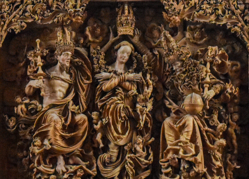 Center panel with the Coronation of the Virgin (detail), Master H.L., The Breisach Altarpiece, c. 1523–26, limewood (Saint Stephan's Cathedral, Breisach)