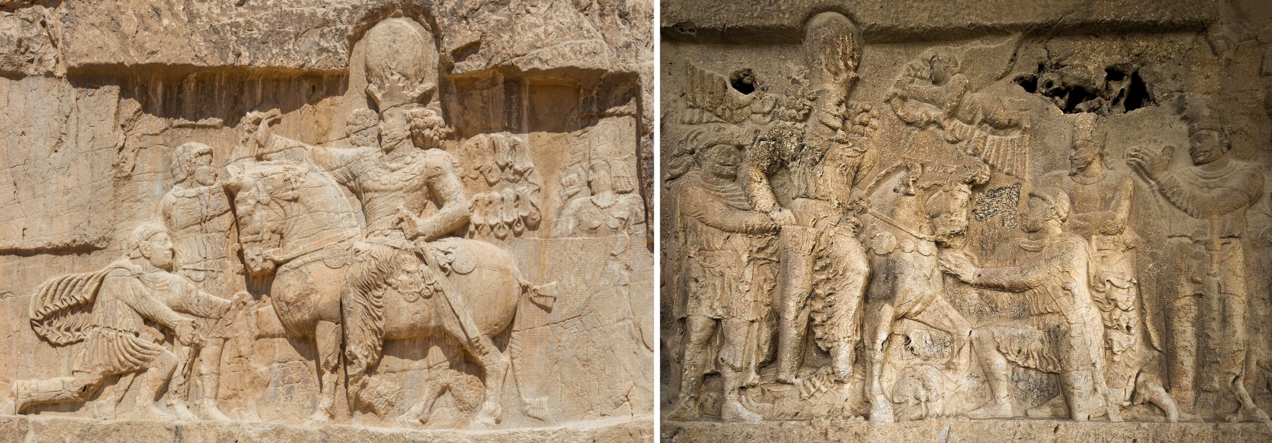 In rock-cut reliefs, the Sasanian king Shapur I (240-70 C.E.) appears on horseback while grabbing the wrists of the Roman emperor Valerian (253-60 C.E.) to show his capture. Before him kneels the Roman emperor Philip I from Arabia (244-49 C.E.), and beneath the horse lies the body of the Roman emperor Gordian III (242-44 C.E.).