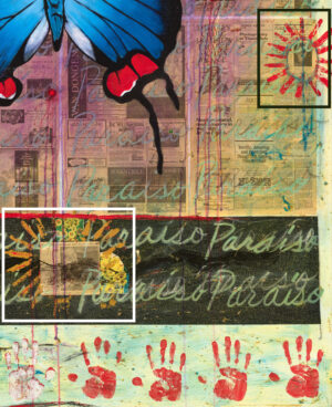 Frida Kahlo and Vincent van Gogh ads (detail), Freddy Rodríguez, Paradise for a Tourist Brochure, 1990, acrylic, sawdust, and newspaper collage on canvas, 167.6 x 152.4 cm (National Gallery of Art, Washington, D.C.) © Freddy Rodríguez