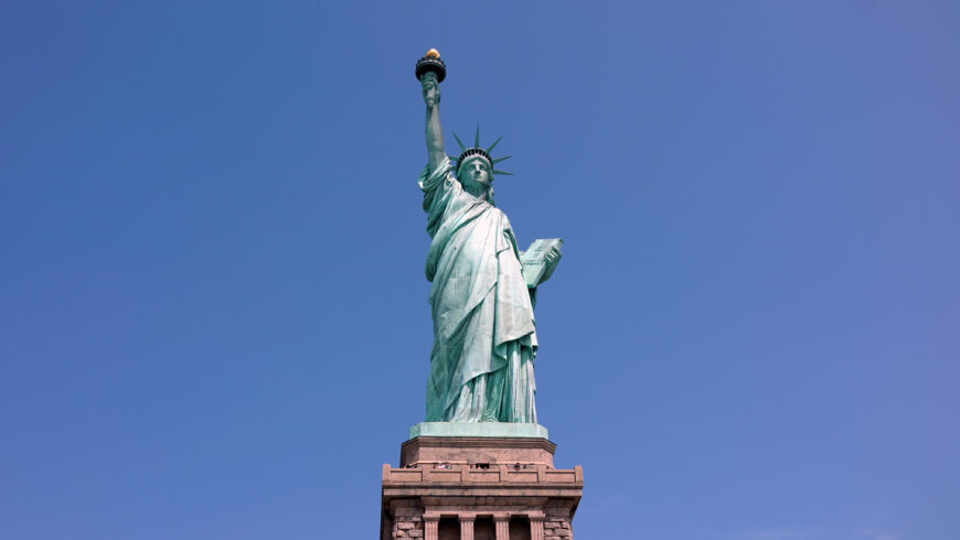 Frédéric-Auguste Bartholdi (sculptor), Gustave Eiffel (interior structure), Richard Morris Hunt (base), Statue of Liberty, New York Harbor, begun 1875, dedicated 1886, copper exterior, 46 m high (statue) (photo: Steven Zucker, CC BY-NC-SA 2.0)