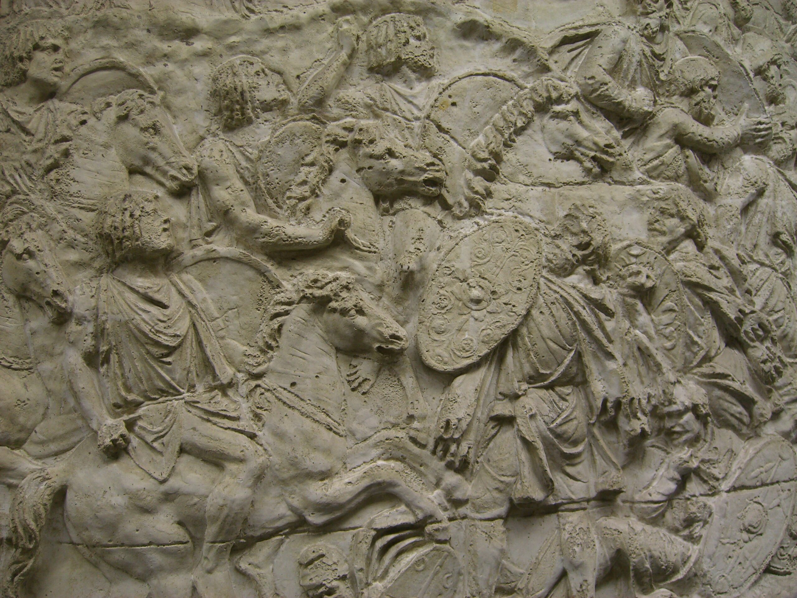 Scene 64/LXIV: cavalrymen from Roman Morocco (Mauretania) confront Dacian warriors on foot (detail), Column of Trajan, Forum of Trajan, Rome, 106–113 C.E., marble, 38.4 m high (photo from casts 157–158, now in the Museo della Civiltà Romana, Rome; photo: Dr. Kimberly Cassibry, CC BY-NC-SA 4.0)