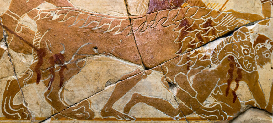 Lion in the lion hunt scene (detail), The Chigi Painter, The Chigi Vase, c. 640 B.C.E., ceramic (Villa Giulia, Rome; photo: ArchaiOptix, CC BY-SA 4.0)