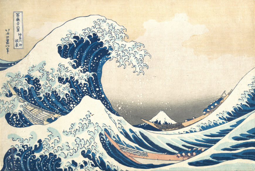 Katsushika Hokusai, Under the Wave off Kanagawa (Kanagawa oki nami ura), also known as The Great Wave, from the series Thirty-six Views of Mount Fuji (Fugaku sanjūrokkei), c. 1830–32, polychrome woodblock print, ink and color on paper, 25.7 x 37.9 cm (The Metropolitan Museum of Art, New York)