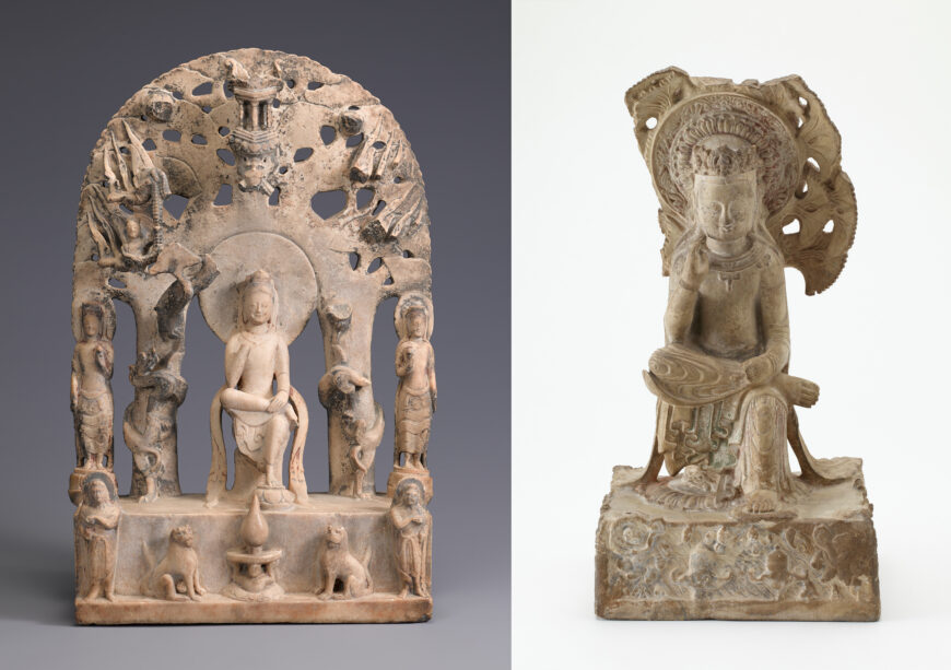 Left: Pensive Bodhisattva, 6th century (probably from Hebei, China), marble, 44 cm high (National Museum of Korea, Seoul); right: Pensive Bodhisattva, c. 575 (probably from Hebei, China), marble, 33 cm high (National Museum of Asian Art, Washington, D.C.)
