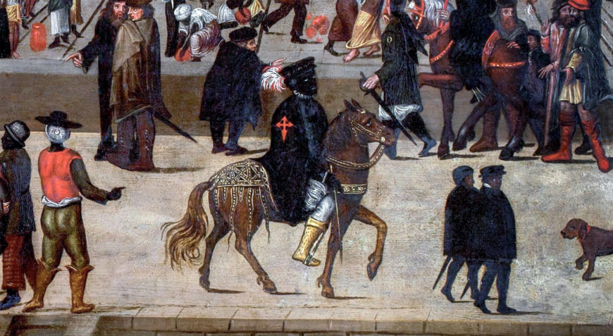 Knight João de Sá Panasco on pony (detail), Chafariz d’El Rei, late 16th century (Netherlandish), oil on panel, 93 x 163 cm (The Berardo Collection, Lisbon)