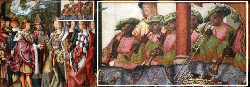 Black horn players (detail, right), The Engagement of St Ursula and Prince Etherius panel, Saint Auta Altarpiece, 1522–25, oil on panel, 67 x 72 cm; 66.5 x 71.9 cm (Museu Nacional de Arte Antiga, Lisbon)